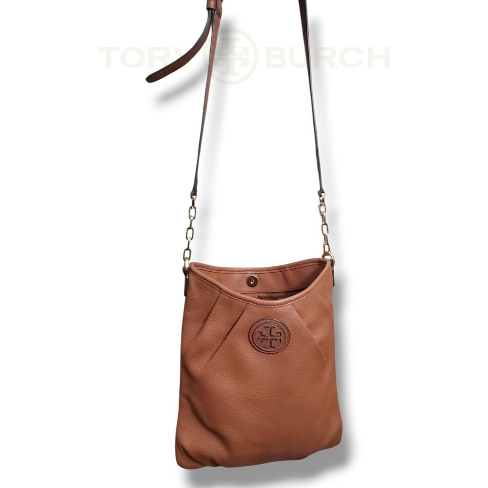 Tory Burch Amanda Tan Leather Pleated Crossbody Messenger Bag